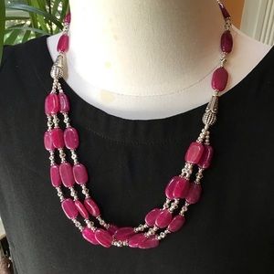 3 Strands Indian Ruby And Silver Necklace 925